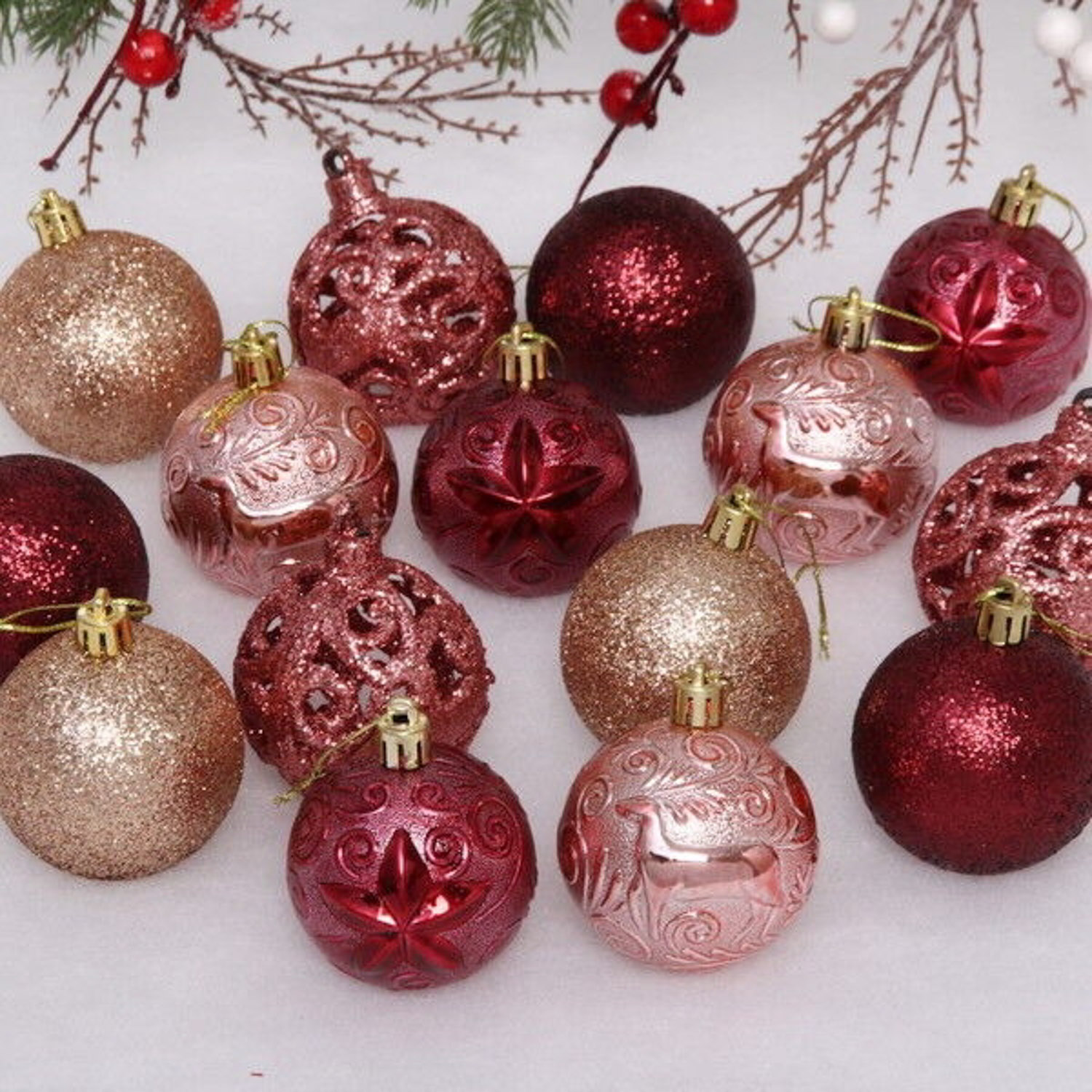 Набор шаров "Сказочная симфония" 6 см (24 предмета), рубин/роз.золото/шампань