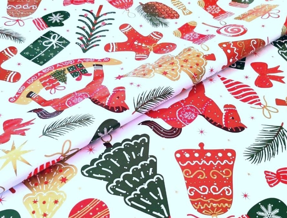 Клеёнка на тканевой основе "Глянец" "Новогодний коллаж" белый фон шир.1,37м GW-21769 "Great Way" *20