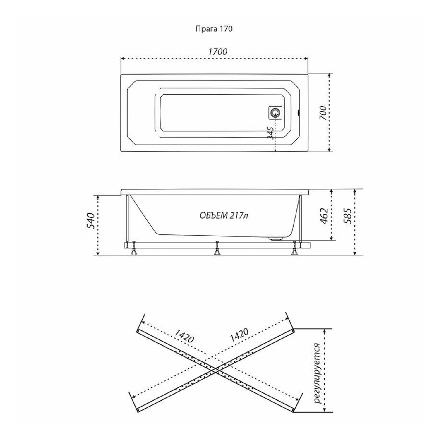 Ванна акриловая 170x70 см Triton Прага, универсальная, без ножек