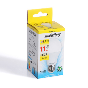 Лампа светодиодная Smartbuy, Е27, груша A60, 11 Вт, 850 Лм, 3000 К, теплый белый