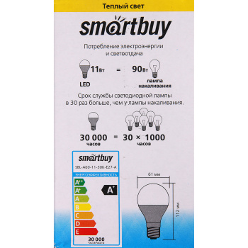 Лампа светодиодная Smartbuy, Е27, груша A60, 11 Вт, 850 Лм, 3000 К, теплый белый